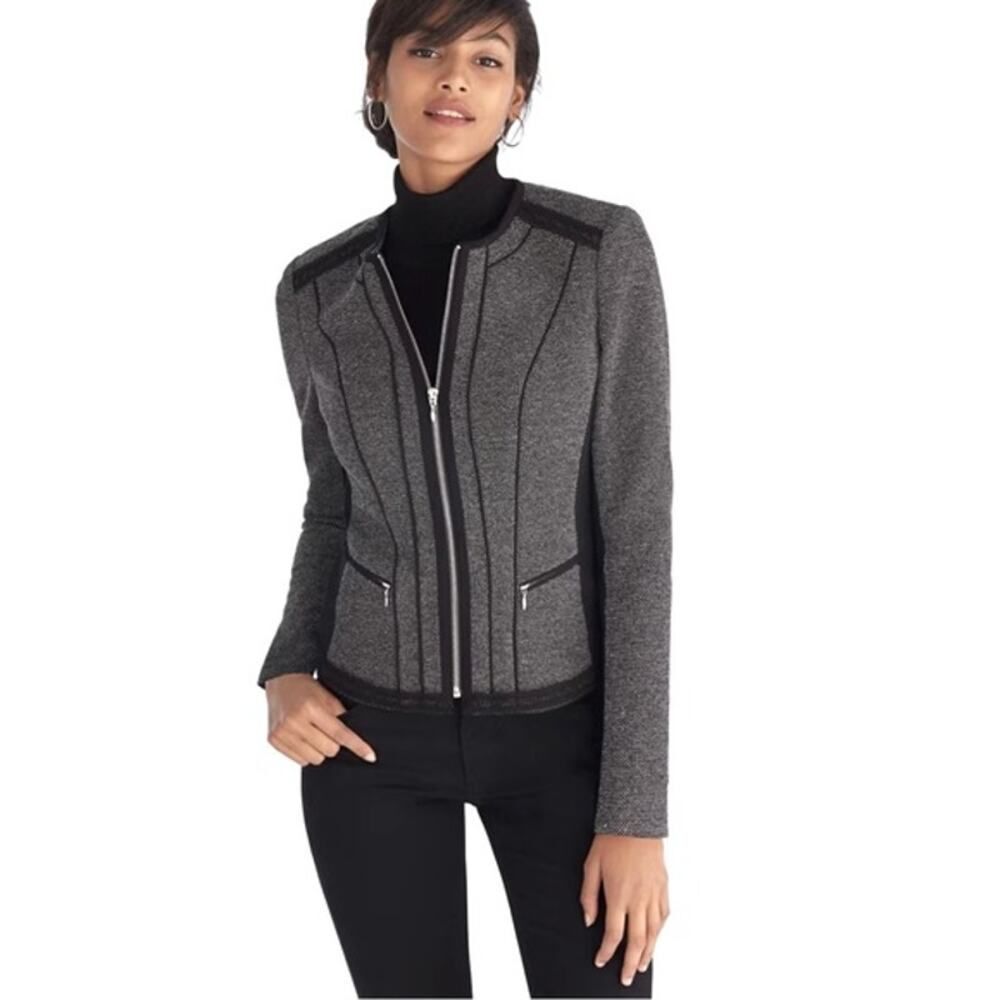White House Black Market Tweed Blazer Jacket Womens 2 Gray Black Zip Preppy
